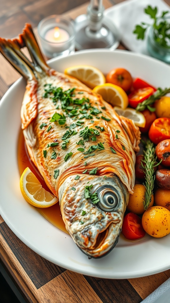 A whole branzino fish garnished with herbs and lemon slices on a white plate, surrounded by roasted vegetables.